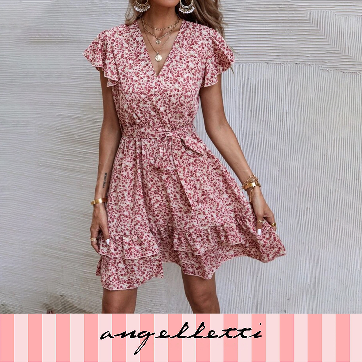 Ditsy Floral Print Belted Tiered Ruffle Hem Dress S Multicolor 