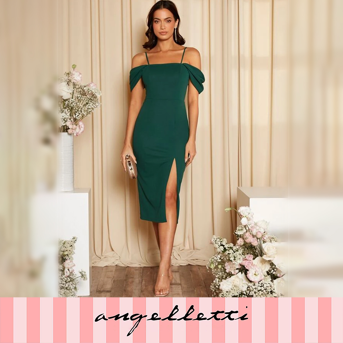 Belle Split Thigh Cold Shoulder Bridesmaid Dress S Dark Green 