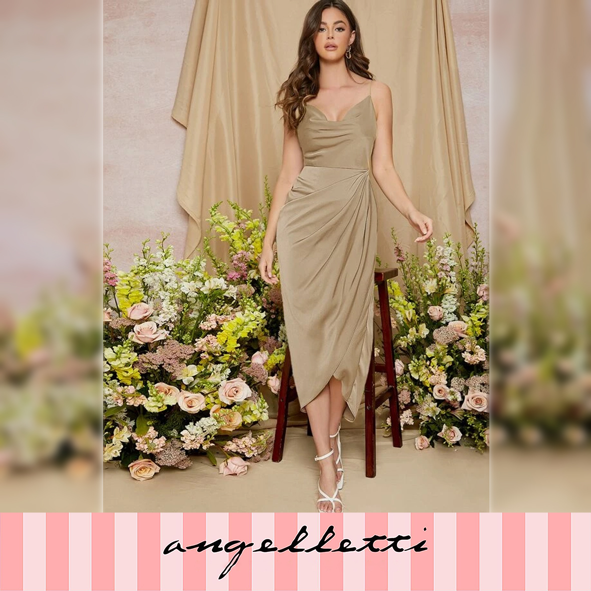 Belle Ruched Asymmetrical Hem Solid Dress S Khaki 