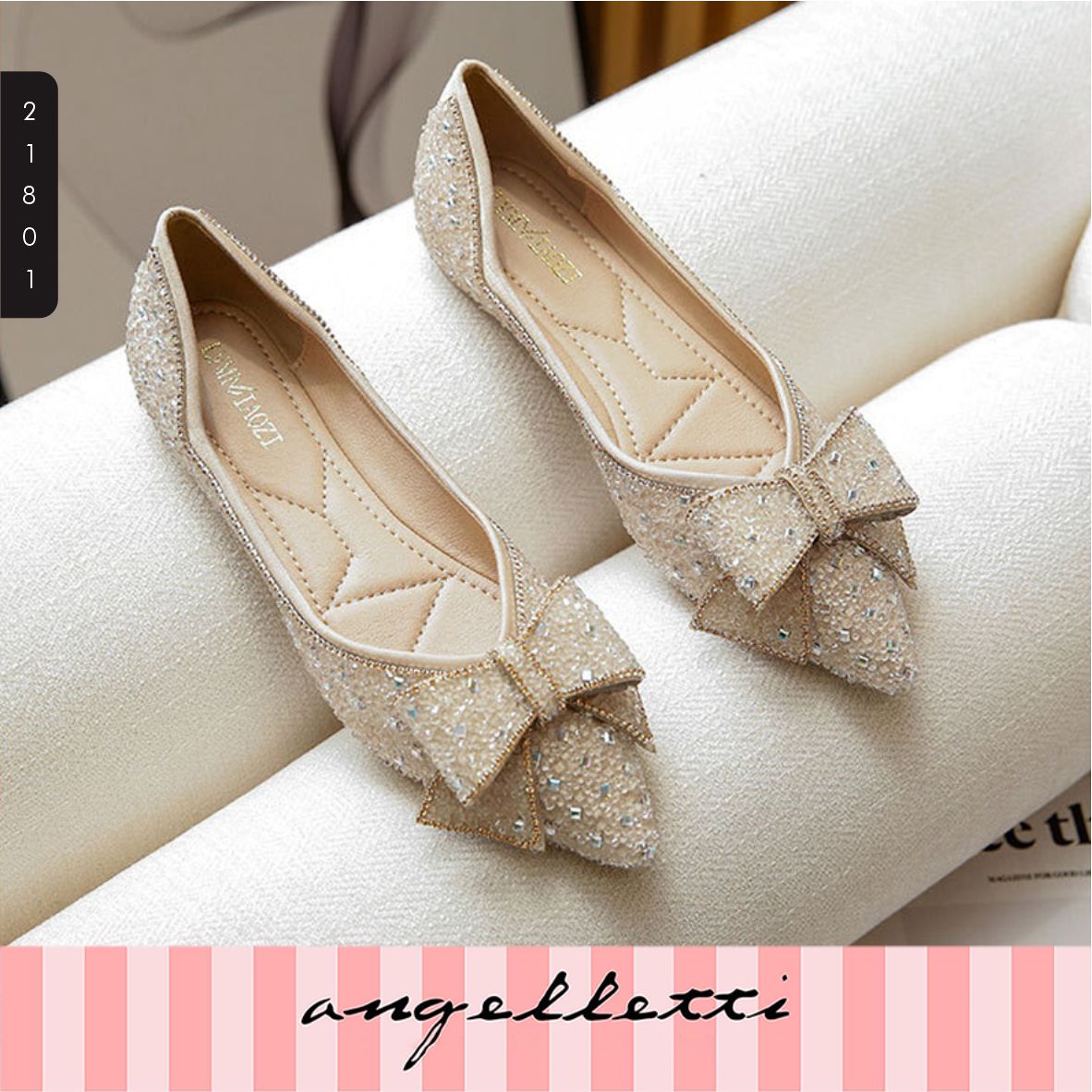 French Style Pointed Bow Sparkly Flats White 39